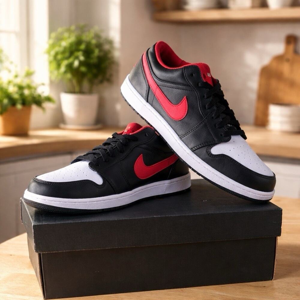 Nike Air Jordan 1 Low Shoes Black Fire Red White Toe 553558-063 Men's Size 13